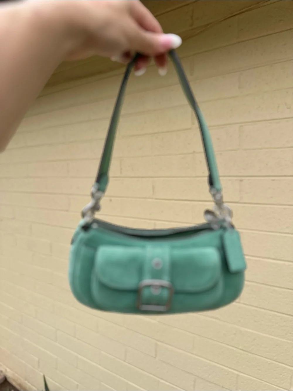 Coach Mini Suede Shoulder Bag in Mint Green with Silver Hardware